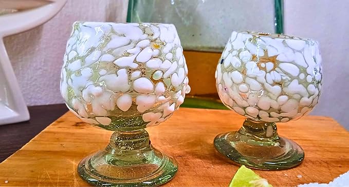 Authentic Mexican Tequila Hand Blown Shot Glasses - Set of 4-2 oz - Mini Glass Snifters - Heavy Base - Cognac (White Confetti)