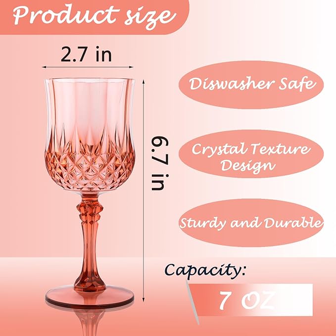 Plastic Wine Glasses,Plastic Goblets Vintage Style Cordial Drinking Glasses for Wedding Reception, Grand Event Party Supplies (12, Rose Gold)