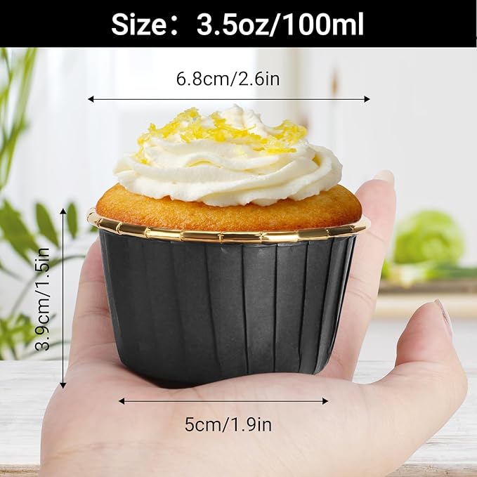 EUSOAR Black Cupcake Liners, 100pcs 3.5oz Mini Cheesecakes Cups Disposable Ramekins, Aluminum Foil Wrappers Paper Cupcake Containers Muffin Dessert Holders for Birthday Wedding Party-Black/Gold