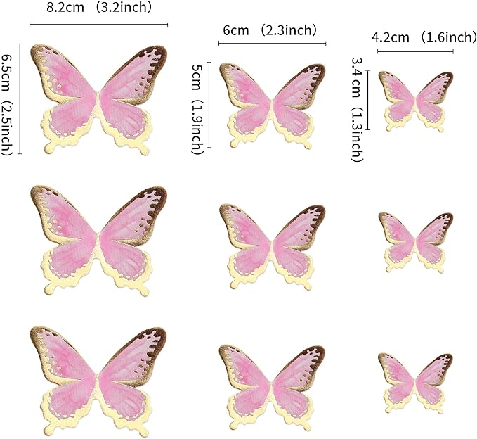 30pcs Pink Gold Edge Mixed Size Lively 3D Waterproof Swllowtail Butterfly Cupcake Topper for Girls Women's Happy Birthday Wedding Party Cake Wall Party Food Decorations