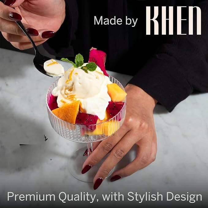 Khen Ribbed Vintage Art Deco Coupe Glasses - Martini, Champagne & Cocktail Ribbed Glasses 12oz | Cute Crystal Glassware Sets - Goblet Stemmed Ripple Glassware, Housewarming Glass Gifts, Clear 2 Piece