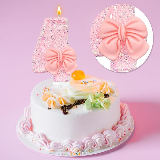 Birthday Cake Candles, Pink Glitter with Bow Cake Candles, Birthday Party Cake Toppers, Cute Birthday Candle Decorations (4)