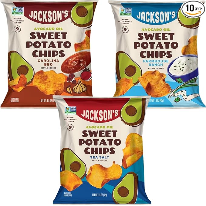 Jackson???Sweet Potato Kettle Chips Avocado Oil Variety Pack made with Premium Oils (1.5 oz, Pack of 10) Sea Salt, Ranch and BBQ Flavors - Allergen-friendly, Gluten Free, Vegan