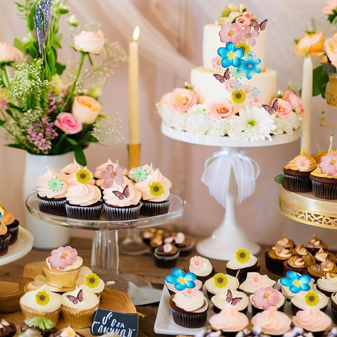 55pcs Edible Flower Butterflies Cake Toppers Cupcake Toppers Wafer Paper Cake Decorations for Themed Party Wedding Bridal Shower Birthday Decorations