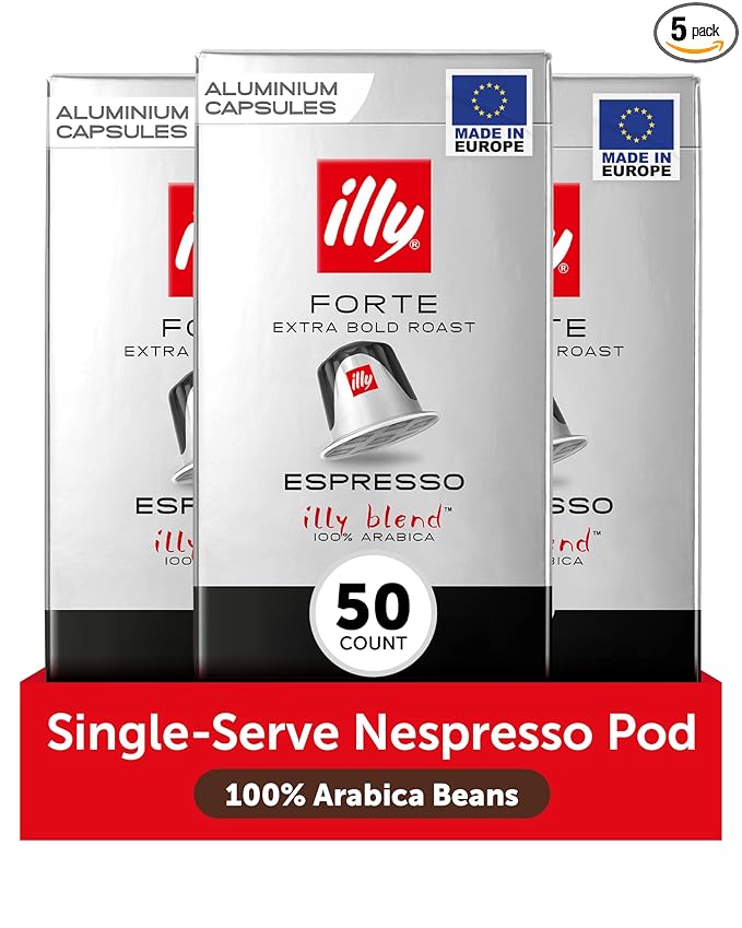 illy Aluminum Espresso Capsules - Compatible with Nespresso Machines - Forte Extra Bold Roast Coffee- Rich & Strong Flavor - Notes of Dark Chocolate - Single Serve Capsules - 10 Count (Pack of 5)
