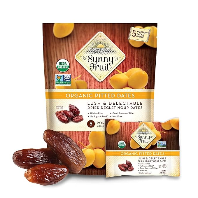 Sunny Fruit Organic Dried Pitted Deglet Nour Dates - 6 Bags (30 Individual Portion Packs) | No Preservatives, No Sugar Added | Healthy, Convenient Superfood Snack Packs | ORGANIC, NON-GMO, HALAL, KOSHER