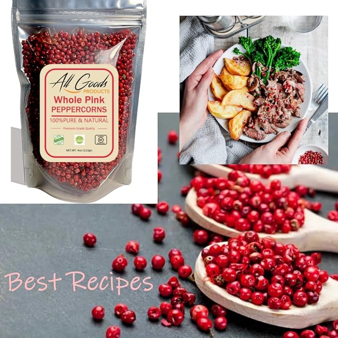 All Goods 4oz Pink Peppercorns, Brazilian Pepper Tree, Grinder Refill - Whole Pink Pepper Bulk, Fresh Peppers. Pimienta Roja.