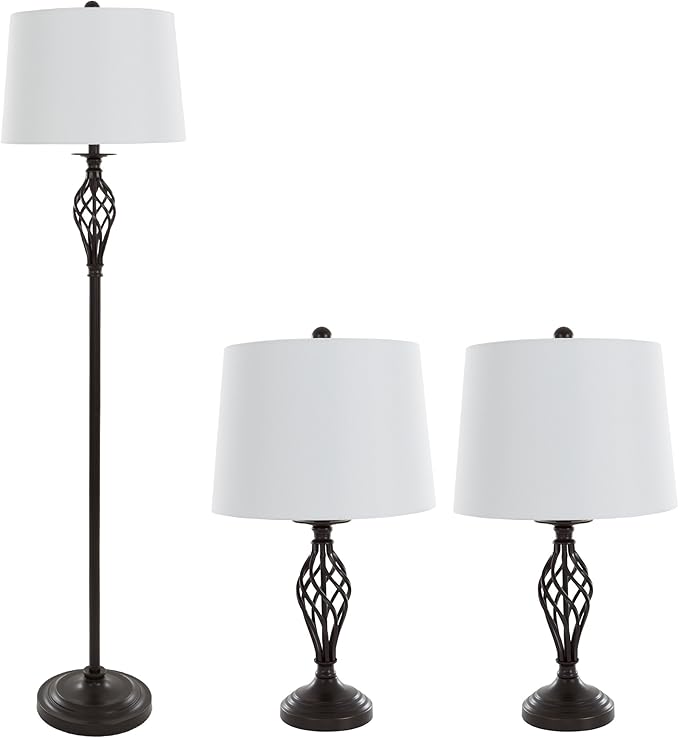 Lavish Home Table and Floor Lamps – Set of 3 Spiral Cage Design Lights for Living Room, Bedroom, or Entry with LED Bulbs Included (Bronze)