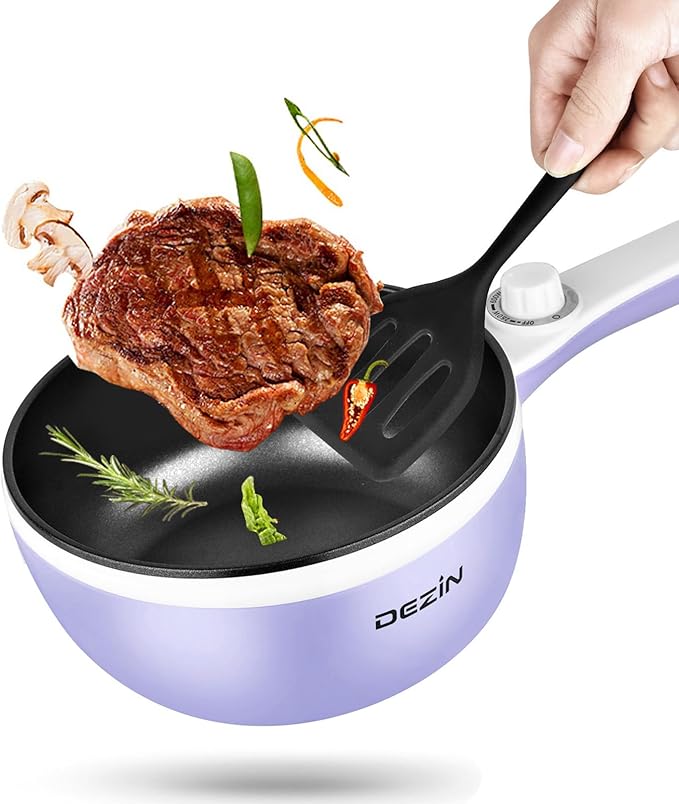 Dezin Hot Pot Electric Upgraded, Non-Stick Saut챕 Pan, Rapid Noodles Electric Pot, 1.5L Mini Portable Hot Pot for Steak, Egg, Fried Rice, Ramen, Oatmeal, Soup with Power Adjustment