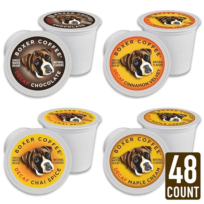 Boxer Coffee 48 Count Decaf Coffee Pods – Swiss Water Process, Medium Roast Variety Pack, Compatible with Keurig K-Cup Brewers, Single-Serve Cups Gourmet Artisan All-Natural Flavors