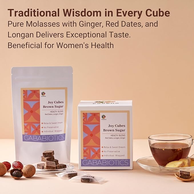 FOODHO GABA Joy Cubes Brown Sugar Cubes Health Blend with Ginger, Longan and Red Dates, Natural Muscovado Sugar, Soothing Ginger Tea, No Preservatives