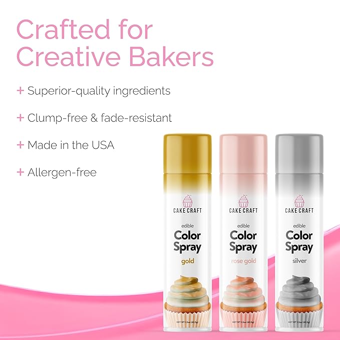 Cake Craft Edible Color Spray 3-Pack ??Gold, Silver & Rose Gold | Food Coloring Spray for Cakes, Cupcakes, Cookies & Desserts | Easy-to-Use Edible Spray Paint for Baking Decoration
