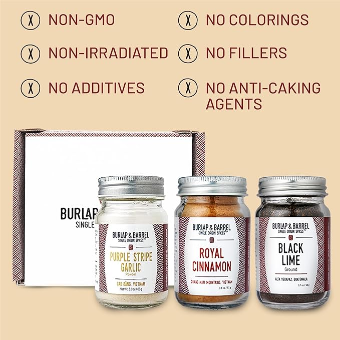 Burlap & Barrel 3-Pack Spice Gift Set ??3 Full-Size Jars of Favorite Spices for the Curious Cook ??Includes Cinnamon, Garlic & Lime Seasonings - As Seen On Shark Tank
