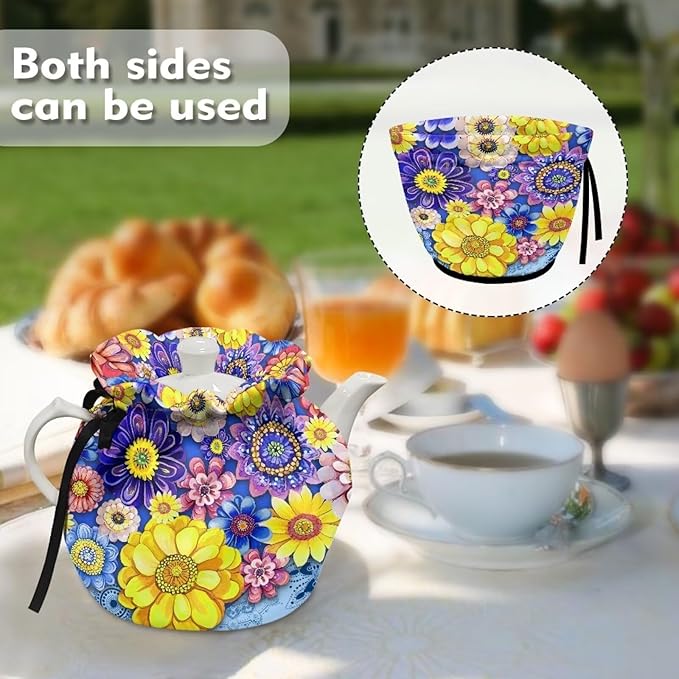Bohemian Flowers Teapot Cozy Tea Pot Dust Cover Teapot Insulation Cover Decorative Teapot Cover Kettle Protective Kitchen Accessory for Hotel Restaurant Tea Party
