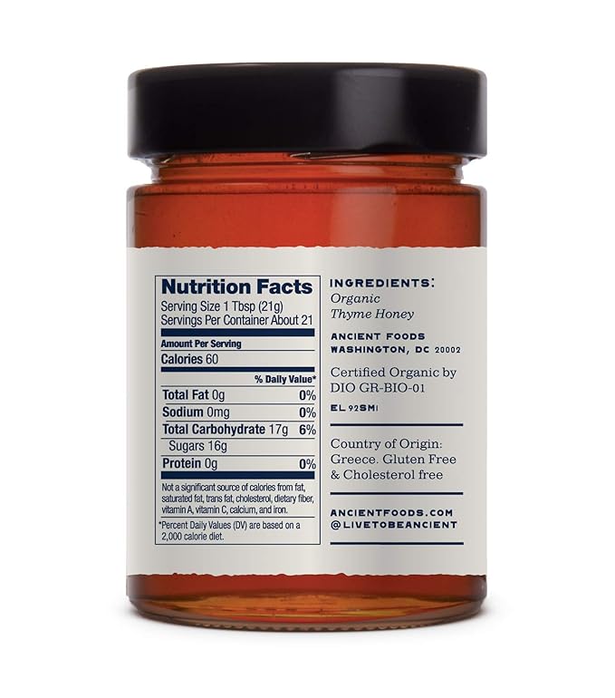 Thyme Honey by Ancient Foods - Organic Honey Raw Unfiltered Authentic Greek Honey from Greece | Organic Thyme Honey | Real Honey from Crete, Greece | 454g (Irini)