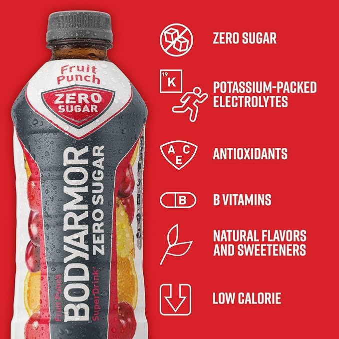 BODYARMOR ZERO Sugar Fruit Punch, Sugar Free Sports Drink - Low-Calorie Hydration - Natural Flavors with Potassium Packed Electrolytes, Antioxidants, and B-vitamins, 28 fl oz (Pack of 12)