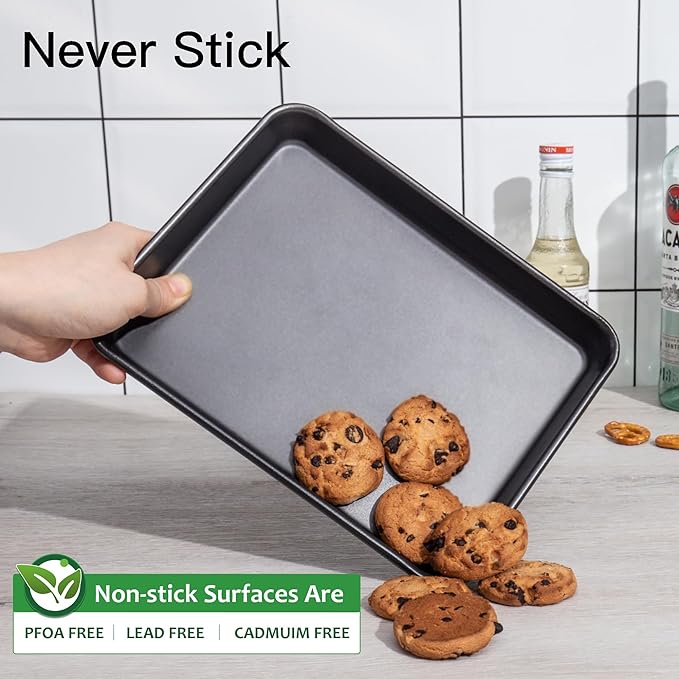 HONGBAKE 2 Pack 9.7X7.5" Toaster Oven Pans for Baking, 57% Thicker Nonstick 1/8 Cookie Sheet Pan Set, Small Baking Tray, Dishwasher Safe and Heavy Duty, Black