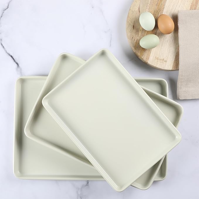 Martha Stewart Gallen 3-Piece Cookie Sheet Set ??13", 15", 17" Baking Pans, Ceramic Nonstick, PFA-Free, Carbon Steel ??Oven Safe to 450°F, Warp-Resistant, Easy to Clean - Linen White
