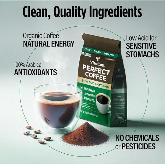 VitaCup Perfect Low Acid Coffee Ground, USDA Organic & Fair Trade, Mycotoxin Free, Dark Roast Guatemala Single Origin, Clean & Pure for Drip Coffee Brewers and French Press, 10 ounces