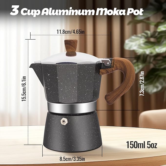 3 Cup Aluminum Moka Pot Classic Stovetop Espresso Coffee Maker 150ml 5oz Coffeemaker Percolator Mocha Pot Greca Coffee Maker Cafe Makers for Italian and Cuban Cafì±?Brewing Gray