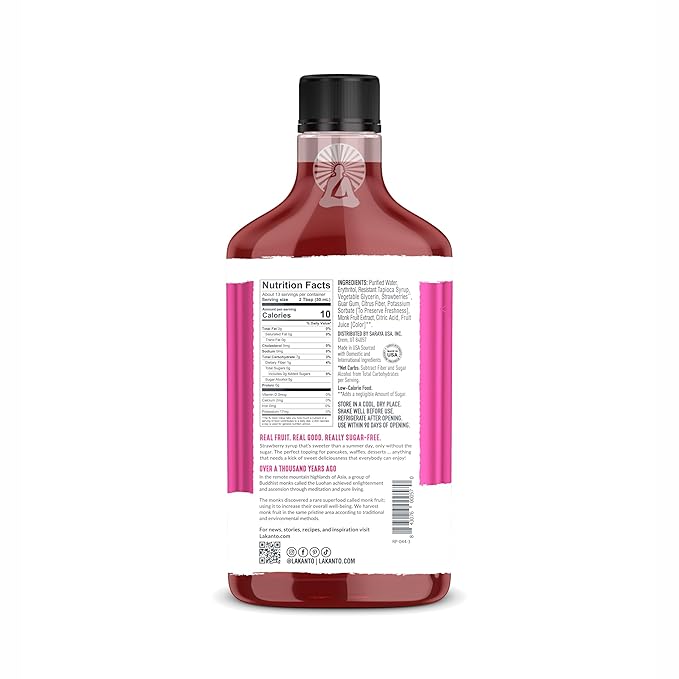 Lakanto Sugar Free Strawberry Syrup - Sweetened with Monk Fruit Sweetener and Erythritol, Made with Real Strawberries, Perfect for Pancakes, Waffles, French Toast, Ice Cream, Lemonade, Desserts, Snacks, and more - 13 fl oz