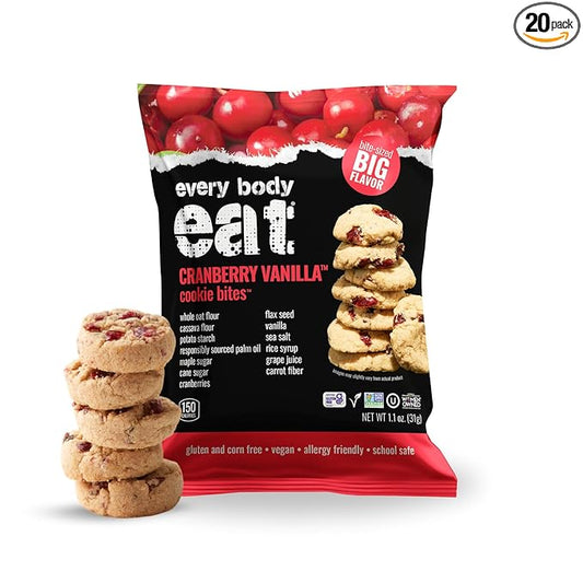 Every Body Eat Crunchy Cookie Bites, Gluten & Dairy Free, Vegan, School Safe Lunch Snacks, Single Serve (Pack of 20) (Cranberry Vanilla)