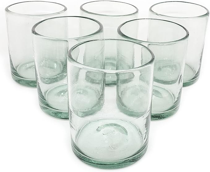 Clear 10 oz Tumblers (set of 6), Hand Blown Mexican Glassware, Recycled Glass Drinking Glasses, Lead-Free, Cocktail Margarita Glasses, Wine Glasses, Shot Glasses, Whiskey Glasses (Tumbler)