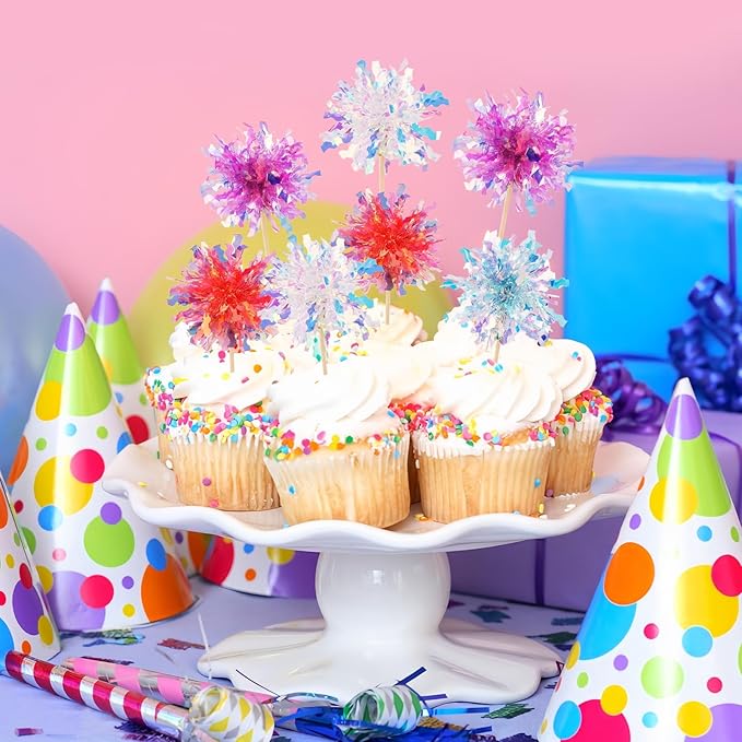 MEMOVAN Firework Cupcake Topper 120pcs Sparkle Tinsel Cake Toppers Foil Frill Toothpicks Drink Stirrer Cake Cupcake Decoration Cocktail Picks for Birthday Wedding Graduation Party Supplies