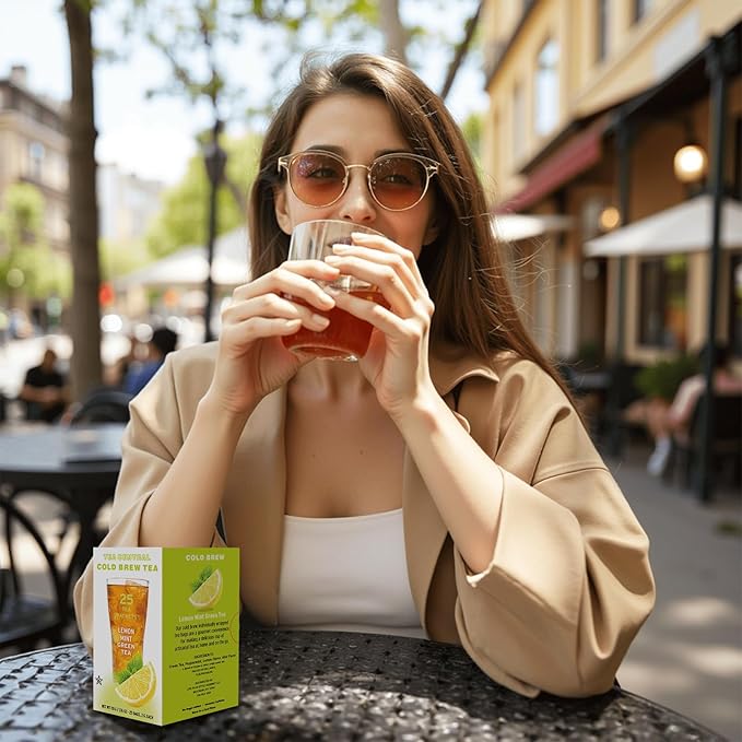 Life Plus Style Gourmet TEA CENTRAL Lemon Mint Green Tea Organic Ceylon Iced Green Tea Lemon Iced Drink Peppermint Cold Brew Tea Bags Refreshing Natural Flavored Wellness Tea Beverages 25 Tea Bags