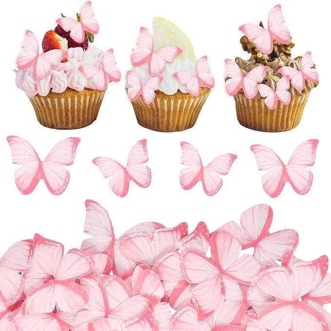 60PCS Wafer Paper Butterflies Cupcake Toppers, Pink Edible Butterflies for Cake Decorating, Edible Cupcake Decorations for Birthday Cake Decorations Anniversary Wedding Baby Shower