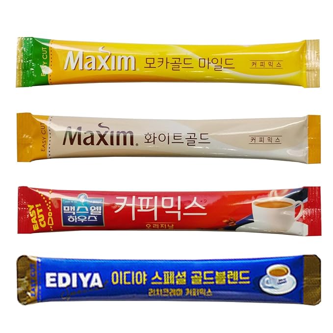 Korean 3 in 1 Instant Coffee Mix Variety Sample Packets-24 Sticks of 4 Different Flavors & Coffee Spoon.Camping or Traveling Essentials.