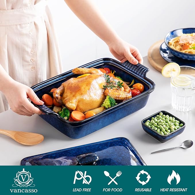 vancasso Starry 3.8 Quart Casserole Baking Dish, large lasagna pan with lid, 9x13 inch Stoneware casserole with lid, Microwave, Dishwasher Safe, Blue