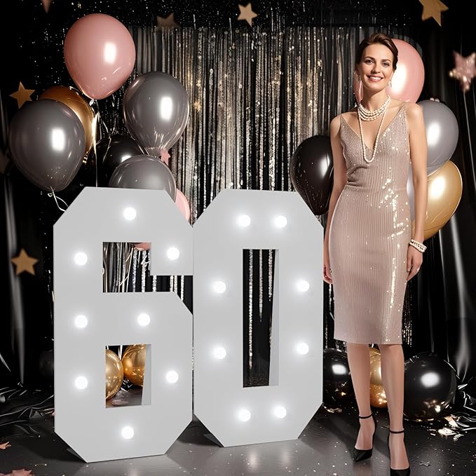imprsv Marquee Numbers Large 60th-Birthday Decorations: 3ft Light up Number Balloon for Party Big 60 Year Old Women Men Birthday Decoration Anniversary Foam Board Wall Number 60