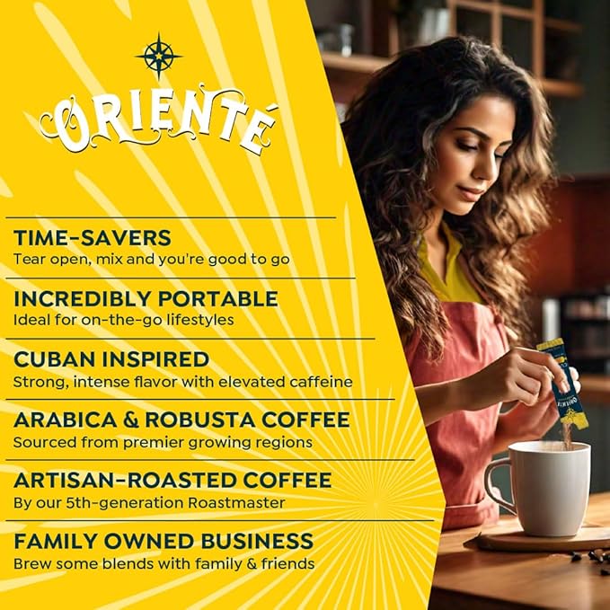 Oriente Dark Roast Instant Coffee, 20 ct, Sweetened Espresso ??100% Arabica Coffee, Instant Hot or Iced Coffee - Just add water