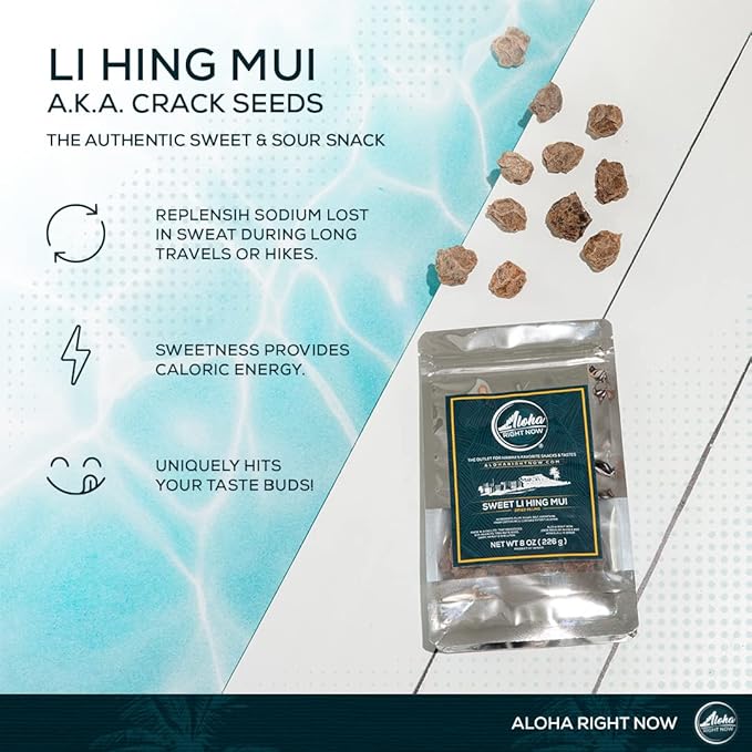 Aloha Right Now - Sweet Li Hing Mui Crack Seed Dried Plums (8 oz) - Li Hing Mui Candy for Snacking & Flavoring any Iced Beverage - Preserved Sweet Sour & Salty Asian Fruit Plum Seeds, Hawaiian Snacks