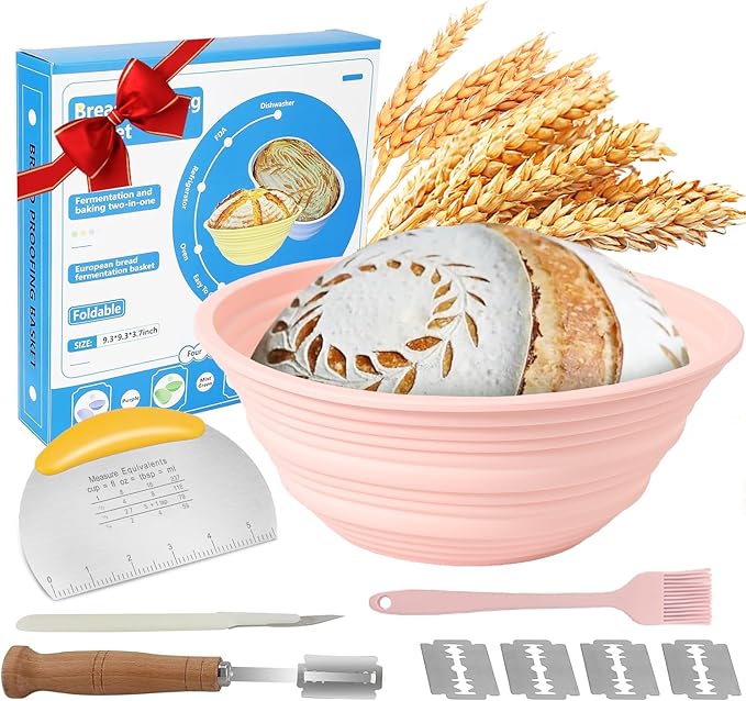 Silicone Banneton Bread Proofing Baskets, Sourdough Bread Baking Supplies, 9 Inch Round Foldable Baking Basket, Complete Set for Bread Making With Essential Tools and Gifts Pink