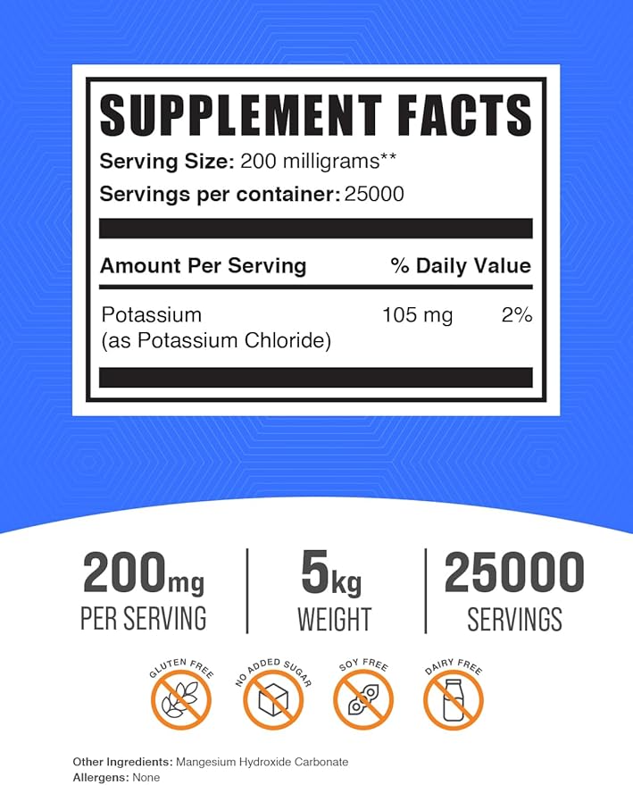 BulkSupplements.com Potassium Chloride Powder - Salt Substitute, Potassium Salt - Gluten Free, 200mg per Serving, 5kg (11 lbs) (Pack of 5)