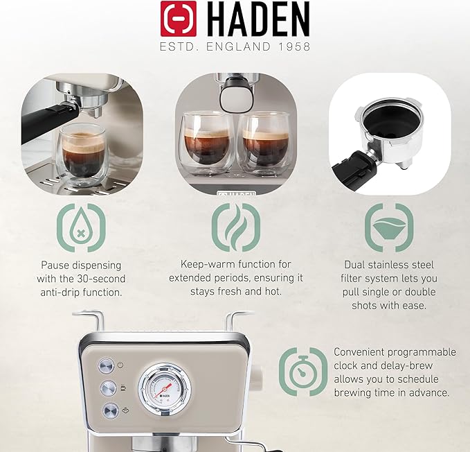 HADEN Barista Brew Espresso Coffee Machine, Stainless Steel Espresso Maker with Milk Frother and Steamer Function and 1.5L Water Tank, Putty & Copper