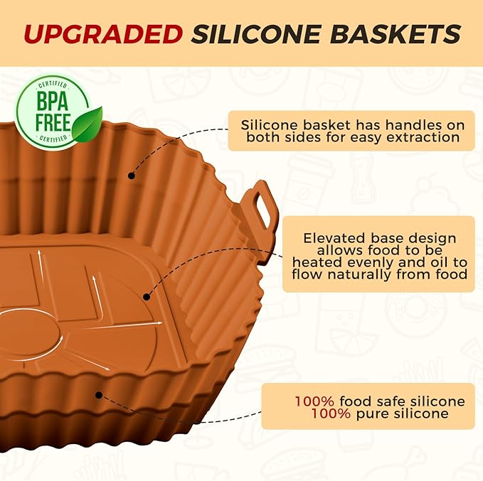 Buauty 3 Pack Air Fryer Silicone Liners 8inch Air Fryer Silicone Pot Reusable Food Grade Silicone Airfryer Liners Baking Basket Accessories Replacement of Flammable Disposable Parchment Paper