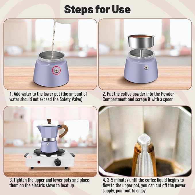 3 Cup Aluminum Moka Pot Purple Classic Stovetop Espresso Coffee Maker 150ml 5oz Coffeemaker Percolator Mocha Pot Greca Coffee Maker Cafe Makers for Italian and Cuban Cafì±?Brewing Purple