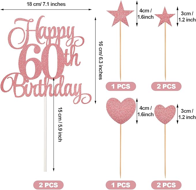 60th Birthday Cake Decorations Set Include 60th Birthday Candles Numeral 60 Cake Candles and Happy 60th Birthday Cake Toppers with Heart Star Cupcake Picks for Birthday Party (Rose Gold Series)