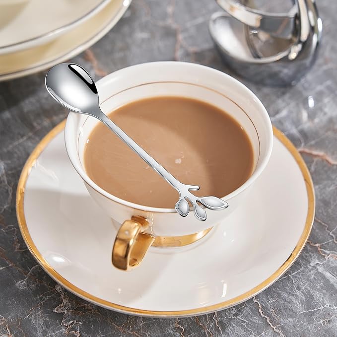 AnSaw Silver Small Coffee Spoon Holder Set,Swan Base With 10 Pcs Demitasse Espresso Spoons Set,4.7" Mini Leaf Dessert Spoon,Stainless Steel Tea Spoons