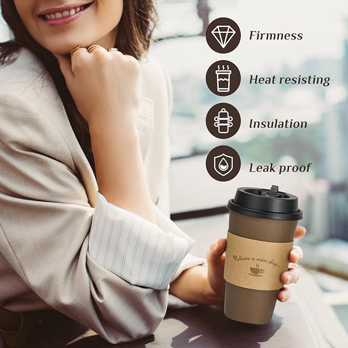 LITOPAK 100 Pack 16 oz Paper Coffee Cups, Brown Disposable Coffee Cups with Lids, Sleeves, Sticks, Drinking Cups for Hot Coffee, Water or Juice, Hot Paper Cups for Home, Restaurant, and Store