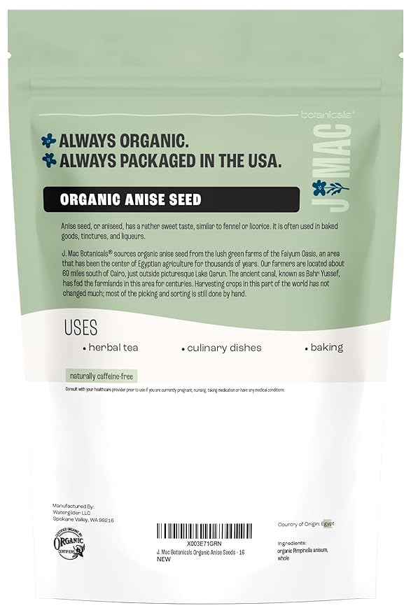 J Mac Botanicals Organic Anise Seeds (16 oz) whole seeds, aniseed, anise cookies, anise tea, anise seed powder, anise seeds for baking, Certified Organic.