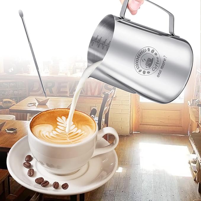 Milk Frothing Pitcher 20oz, Stainless Steel Espresso Steaming Jug with Latte Art Pen, Professional Coffee Milk Frother for Latte, Cappuccino, Macchiato & Hot Chocolate