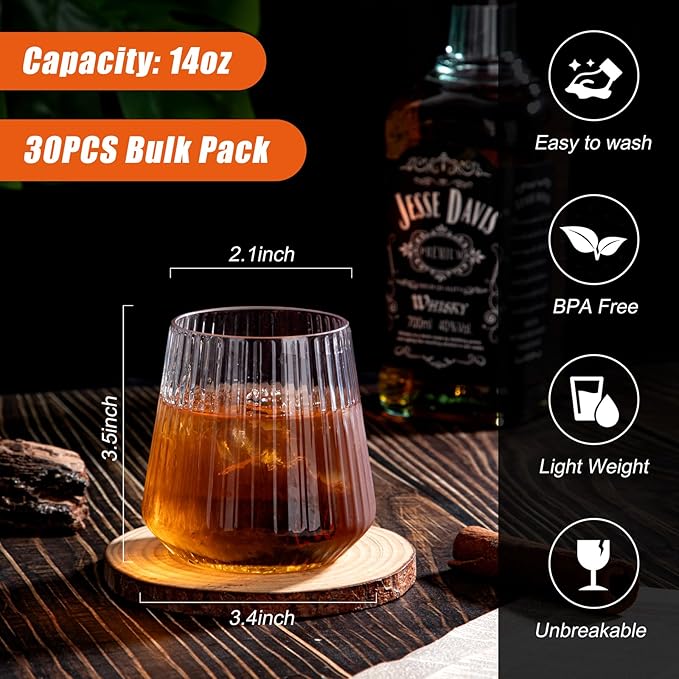 30 Pack Plastic Ribbed Wine Glasses, 14 OZ Origami Stemless Disposable Wine Champagne Whiskey Glasses Unbreakable Clear Plastic Cocktail Glasses, Reusable Wine Cups for Home Party Wedding Bar