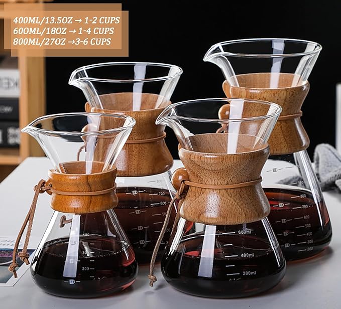 Pour Over Coffee Maker with Reusable Stainless Steel Drip Filter, Lead-Free Borosilicate Glass Coffee Carafe with Modern Wooden Collar for 1-2Cup, Circular Clear (400ml/13.5oz)