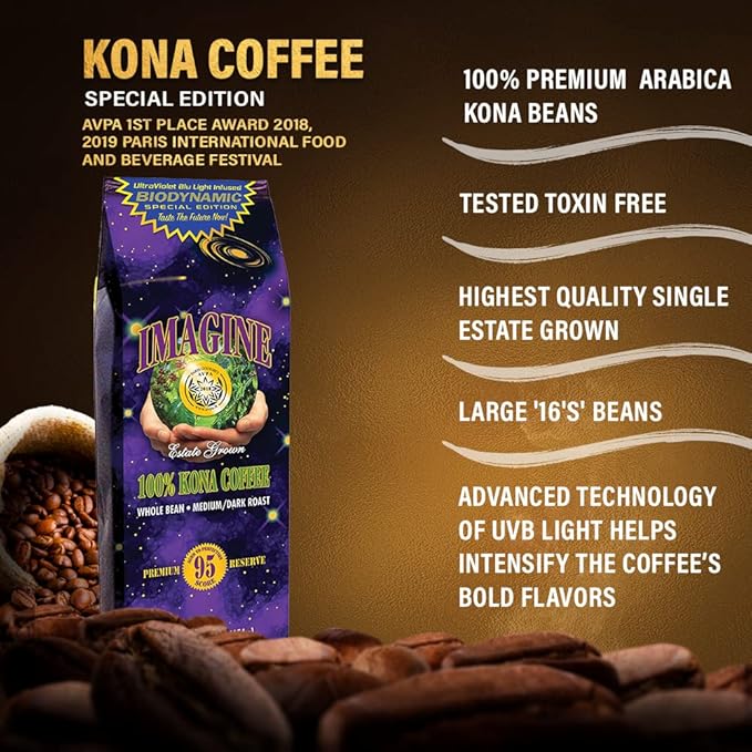 Imagine Kona UltraViolet Blu Light Infused Biodynamic Special Edition | Organic Whole Coffee Beans | Made From Premium Hawaiian Kona Beans | Top Grade Air Roasted | Medium Roast - 16 ounce