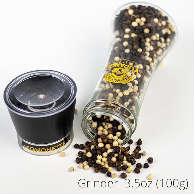 Yupanqui Peppercorn Medley Grinder MIGNONETTE, White Pepper & Black Pepper Mixed Peppercorns whole organic peppercorns mix in Refillable Peppercorn Grinder 3.5oz
