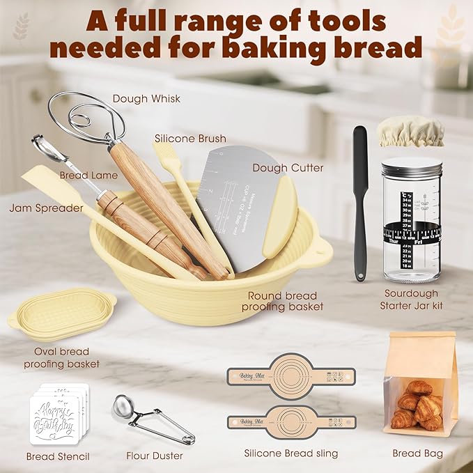 Sourdough Starter Kit,MQFORU Sourdough Bread Baking Supplies with 10" Round & 10" Oval baskets,Silicone Sourdough Bread Kit,Sour Dough Starter Kits for Bakers Wife Mom Women